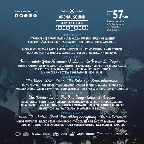 Arenal Sound Festival 2015 cartel por días_NRFmagazine