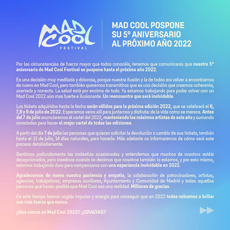 Comunicado Mad Cool Festival aplazado a 2022_NRFmagazine