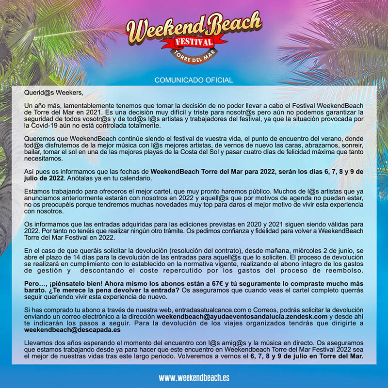 Comunicado Weekend Beach Festival aplazado a 2022_NRFmagazine
