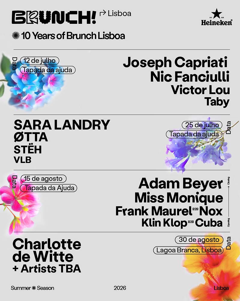 Cartel de Brunch Electronik Lisboa 2026 con Adam Beyer, Solomun y Charlotte de Witte confirmados para el décimo aniversario.