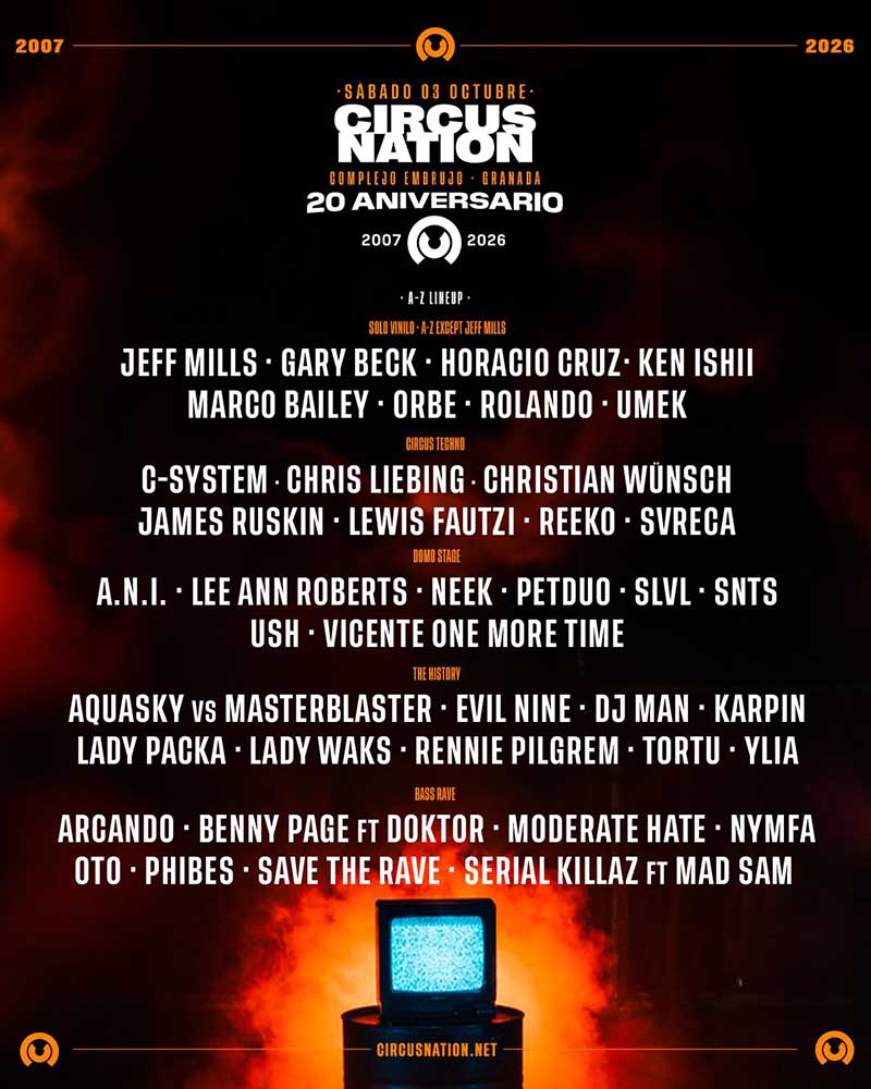 Cartel completo 20 aniversario Circus Nation con Jeff Mills
