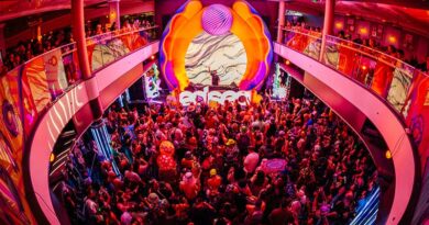 Vista desde arriba de un escenario de EDSea, con un DJ en la mesa de mezclas y el público bailando frente a él a bordo del crucero