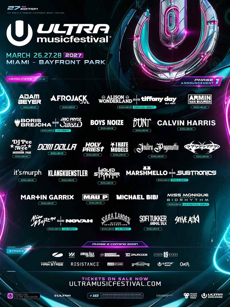 Cartel con la fase 1 del lineup de Ultra Music Festival en Miami 2027